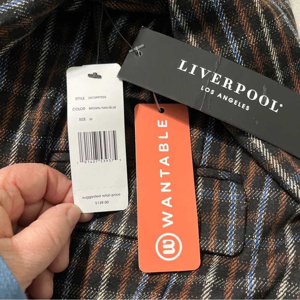 LIVERPOOL Women M Blazer Jacket Removable Hoodie Brown Tan Blue Plaid New Defect - Picture 8 of 16